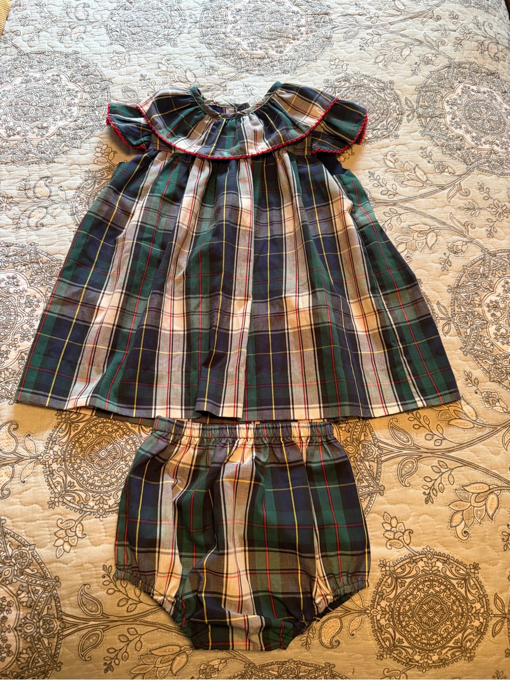 The Beaufort Bonnet Company Green Navy Plaid Ruffle Neck Matching Set